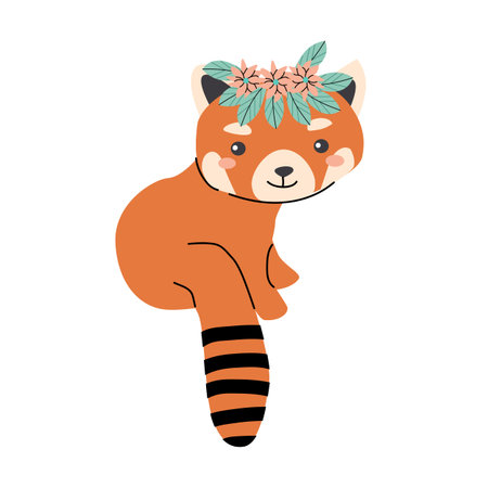 Charming red panda with floral headband illustration for design projects.のイラスト素材