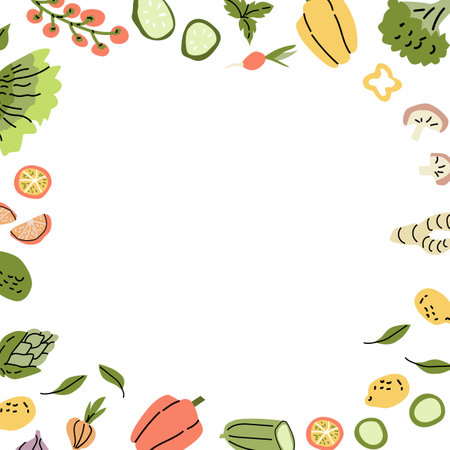 Mediterranean food elements border with vegetables and herbs for culinary decoration.のイラスト素材