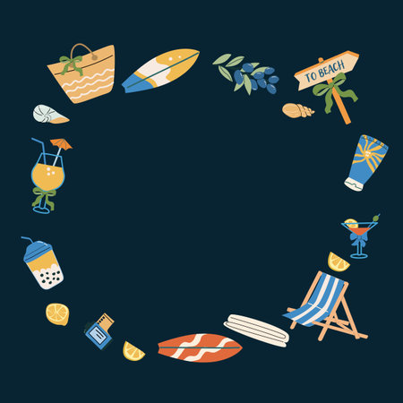 Summer vacation concept with beach items and tropical drinks for fun designs.のイラスト素材