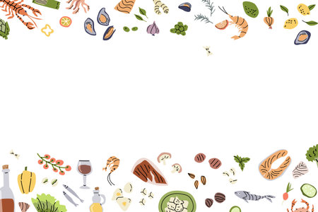 Mediterranean cuisine ingredients border design for culinary projects.のイラスト素材