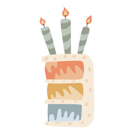Colorful three-layer cake with candles.