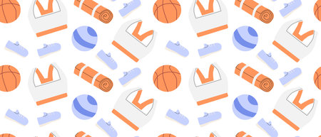 Seamless pattern with sports equipment: basketballs, sneakers, exercise mats, jerseys.のイラスト素材