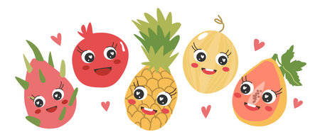 Kawaii tropical fruits isolated on white background. Cartoon dragon fruit, pineapple, melon, pomegranate, and papaya with cute happy faces. Colorful flat vector illustration in hand drawn doodle styleのイラスト素材