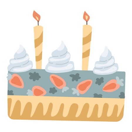 Whimsical cake with fruit toppings and lit candles.