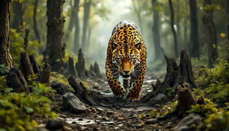 Jaguar emerging from fragmented forest symbolizing habitat destruction and environmental impact.の素材