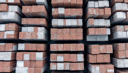 Industrial warehouse with stacked bricks and concrete blocks - aerial view of repetitive patterns and symmetry.の素材