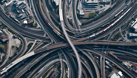 Aerial view of railway junction with curved tracks and overpasses in industrial hub.の素材