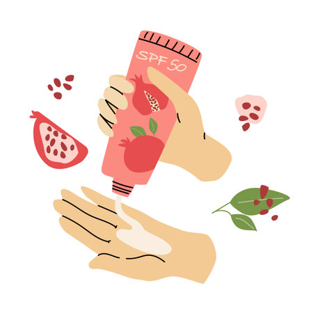 Sunscreen packaging with pomegranate fruit. Vector cosmetic tube and sunblock cream decorated with juicy seeds. Summer skincare and beauty product for sun protection and healthy skin.のイラスト素材