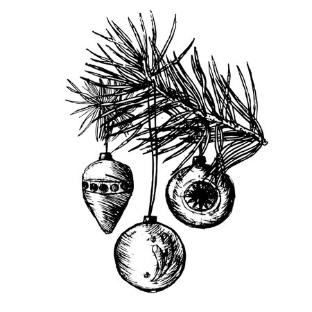Christmas festive ink sketch. Outline christmas tree branch and ornaments balls. Tree toys on evergreen branch xmas isolated vector illustration.のイラスト素材