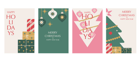 Set of Merry Christmas modern minimalist geometric cards. Simple aesthetic winter holidays backgrounds in retro colors. Trendy xmas modern vector illustrations set. Gift, christmas tree and ornaments.のイラスト素材