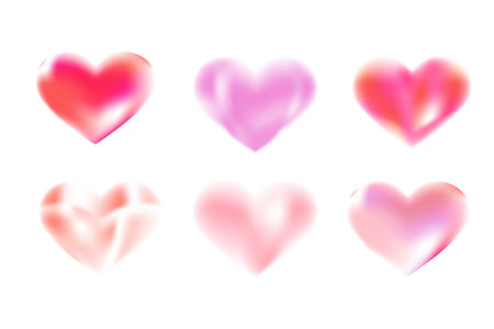 Blurred heart shapes vector illustrations. Gradient trendy y2k aesthetic design elements for modern templates - covers, banners, greeting cards and posters. Gradient 3d hearts in pink colors isolated.のイラスト素材