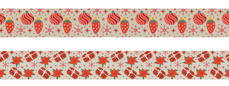 Red Christmas  border pattern set. Flat cartoon vector illustration. Christmas cookies and ornaments border on dark background. Christmas sled with holly berry and baubles with snowflakes.のイラスト素材