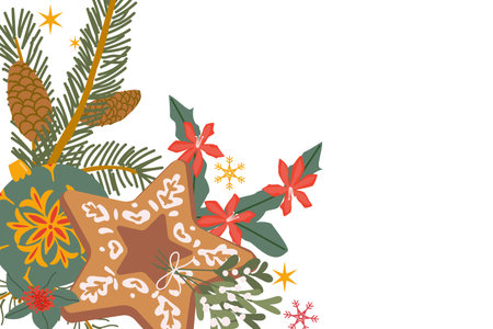 Elegant Christmas frame decorated with festive gingerbread, christmas cactus flowers, mistletoe and spruce branches. Perfect holiday border for winter celebration cards and seasonal invitations.のイラスト素材