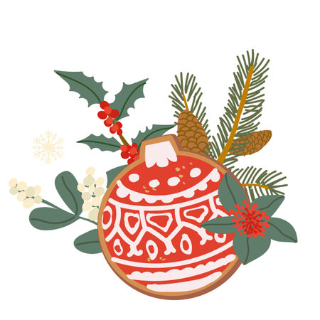 Vector christmas gingerbread bauble cookie and holly berry, snowberry plants, bauble illustration isolated on transparent background. Christmas clipart for food background, greeting cards, invitations.のイラスト素材