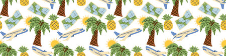 Summer vacation  border pattern isolated on white. Plane and map, palm tree and pineapple pattern....