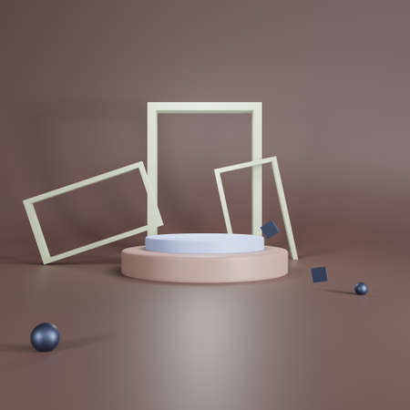3D brown background with stand of cream and gray balls.の写真素材