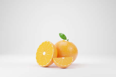 3D rendering orange with cut in half on white backgroundの写真素材
