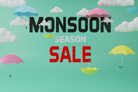 3D rendering. Selling monsoon on a light green background and multicolored umbrellas in the sky with many white clouds.の写真素材