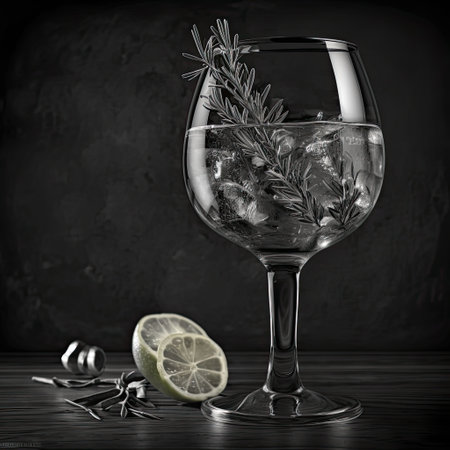 Cocktail with rosemary, lemon and ice cubes on dark backgroundの写真素材