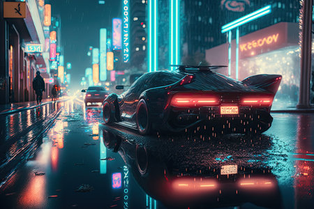 Car in the rain on the road in the city. 3d renderingの写真素材