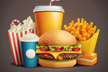 Fast food vector illustration. Hamburger, french fries, soda and drinkの写真素材