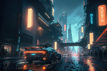 Futuristic car driving through the city at night. 3d renderingの写真素材