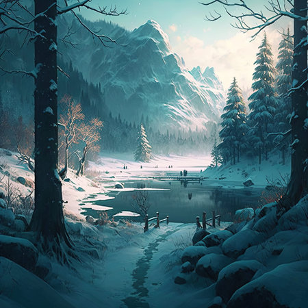 Fantasy winter landscape with a lake and trees in the foreground.の写真素材