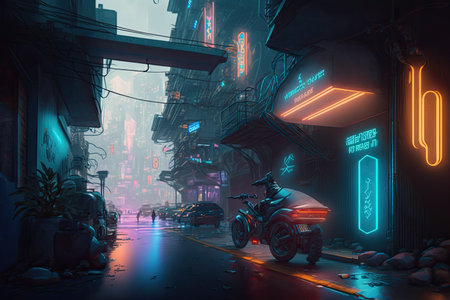 Night city street with neon signs and motorbike. 3d renderingの写真素材