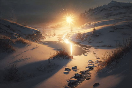 Beautiful winter landscape with sunrise. 3D rendering. Computer digital drawing.の写真素材