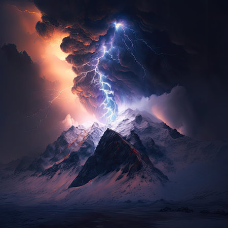 Lightning strikes the mountains in the clouds. 3d illustration.