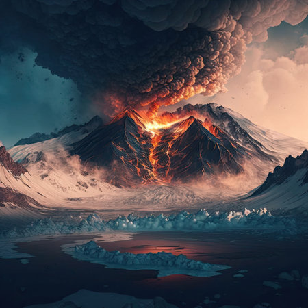 Volcanic eruption with volcano in the background. 3D renderingの写真素材