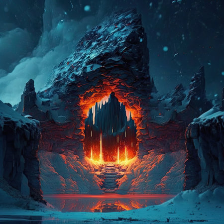 Fantasy landscape with ice cave. 3d illustration. Fantasy.の写真素材