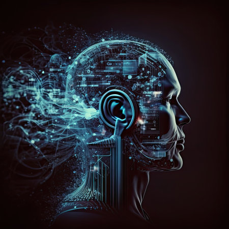 3d rendering of human head with sound wave in the dark backgroundの写真素材
