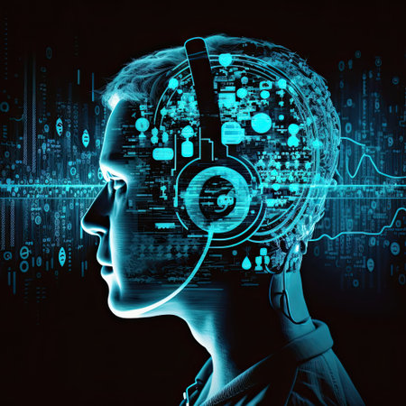 double exposure of human head with headphones and media icons on dark background