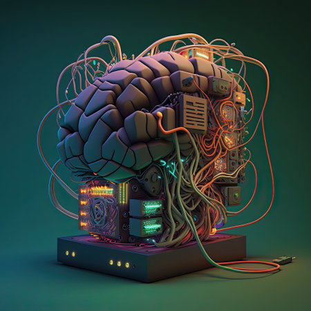 3d illustration of human brain with circuit board on dark background.の写真素材