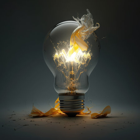 Broken lightbulb with yellow splashes on dark grey background
