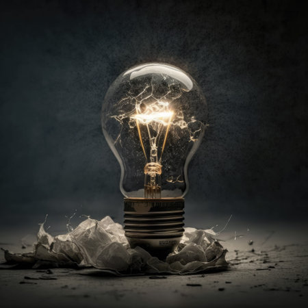 Incandescent light bulb and crumpled paper on grunge backgroundの写真素材