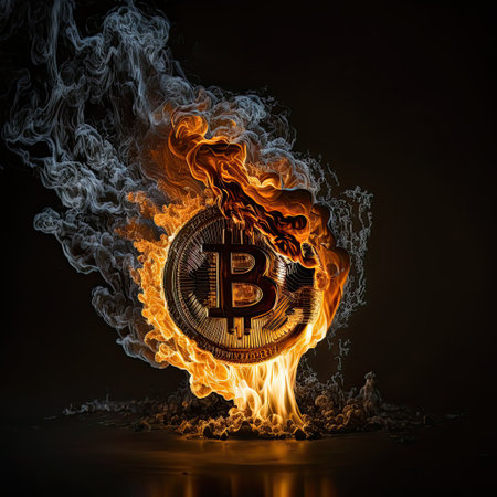 Burning bitcoin with flames and smoke on black background. Cryptocurrency conceptの写真素材