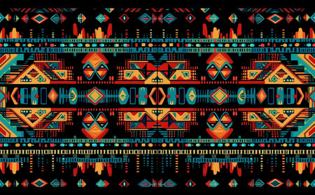 Tribal vector ornament. Seamless African pattern. Ethnic carpet with chevrons. Aztec style. Geometric mosaic on the tile, majolica. Ancient interior. Modern rug. Geo print on textile. Kente Cloth.のイラスト素材