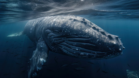 Whale swimming in the blue ocean, close-up. 3d renderingの素材