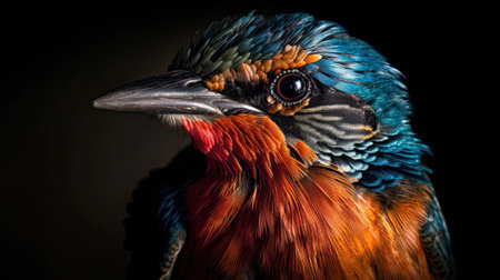 Close up of a kingfisher bird on a black background.の素材