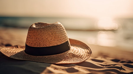 Straw hat on the beach in the morning. Close up.の素材