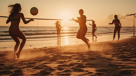 Group of young people playing volleyball on the beach at sunset. Selective focus.の素材