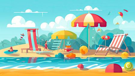 Summer beach vector illustration. Cartoon flat summer beach with sunbeds and umbrellasの素材