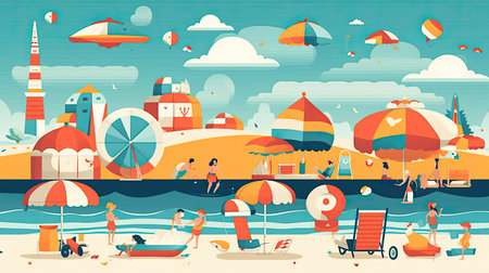 Vector illustration of summer vacation on the beach. People relax on the beach.の素材