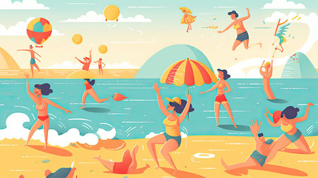Summer beach party vector illustration. Happy people having fun on the beach, dancing, playing volleyball, swimming in the sea.の素材