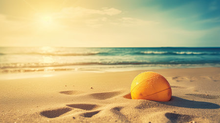 Beach ball on the sand with sea background. Vintage filter.の素材