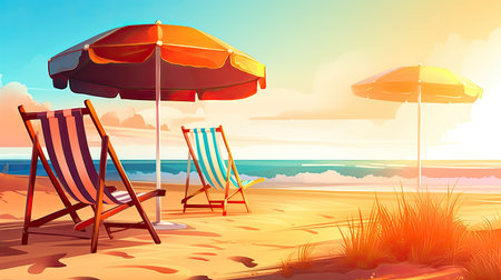 Beach with sun loungers and umbrella. Vector illustration.の素材