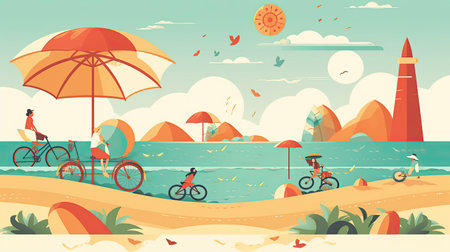 People on the beach with umbrellas and bicycles. Vector illustrationの素材