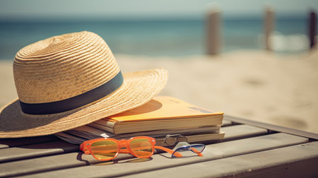 Straw hat, sunglasses and book on a deck chair at the beachの素材
